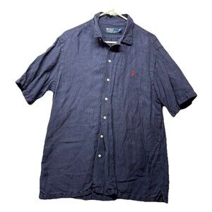 Polo Ralph Lauren Shirt Mens Large Blue Silk Linen Button Up Short Slv Pony VTG